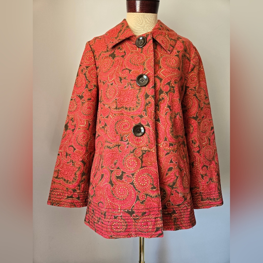 Talbots Pink And Brown Paisley Swing Coat. Size Talbots MED/ Petite. 10-12